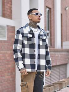 Devon Thys 男士休闲格子夹克，时尚百搭简约风格，秋季 - 黑與白 - 查看 5