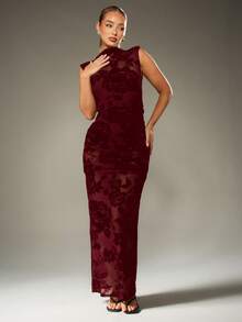 MISSGUIDED Elegant Sleeveless Mock Neck Maxi Dress With Velvet Rose Floral Pattern For Evening Party Events - Burgundy - View 4