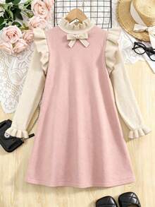 SHEIN 少女杏色和粉色提花蝴蝶结露肩长袖毛衣连衣裙，适合返校节、优雅场合、正式场合、秋季穿着，适合秋冬季节。 - 粉色 - 查看 6