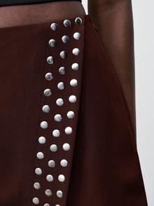 Maija 女士纯色铆钉不对称休闲短裙，都市通勤商务休闲风，优雅办公室着装，适合圣诞节、新年派对和聚会，棕色短裙 - 鏽棕色 - 查看 4