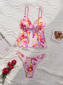 Swim Mod 夏季休闲海滩度假随机印花条纹吊带荷叶边系带露脐上衣和百搭高衩泳裤两件套泳装 - 彩色 - 查看 6