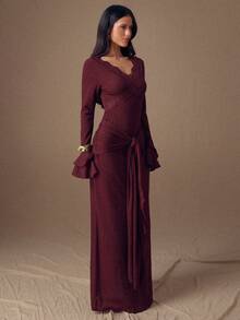 SHEIN BAE Váy xòe buộc dây màu trơn ren chắp vá thanh lịch dành cho nữ - Màu Đỏ Sâu - Xem 4