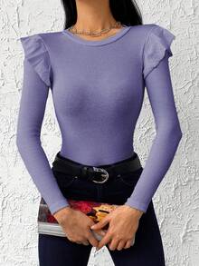 Cottnline 95% Cotton Ribbed Knit Ruffle Trim Tee - Lilac Purple - View 4