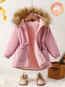 SHEIN Emery Rose Kids 女童休闲保暖连帽拉链抽绳外套，秋冬季 - 淺粉色 - 查看 4
