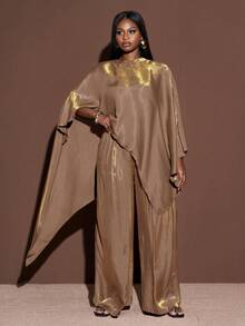 Veslaya 2025新款加大码女装冬季亮面面料斗篷式上衣宽松长裤两件套，适合圣诞节/新年/派对/展现女性优雅气质/闪亮两件套/感恩节/正式场合穿着 - 藕粉色 - 查看 6