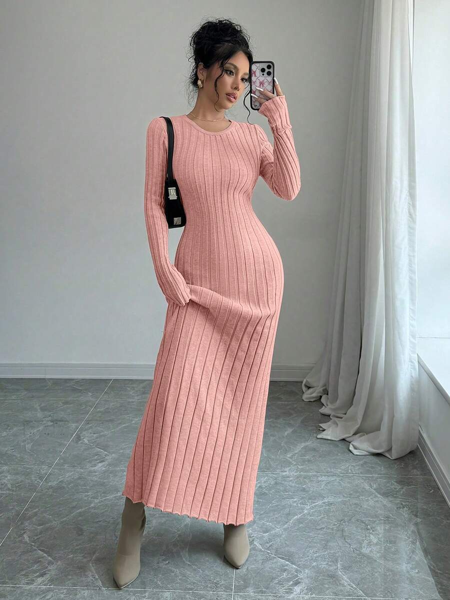 Rafferiza Women's Solid Color Round Neck Long Sleeve Fitted Ribbed Maxi Sweater Dress, Autumn/Winter - Dusty Pink - View 1