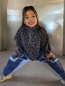 Dazy Kids Young Girl Leopard Print Half-Zip High Neck Long Sleeve Pullover Sweatshirt - Dark Grey - View 2