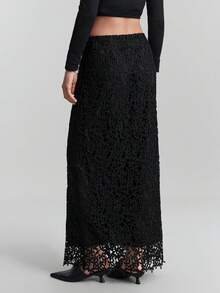 Ontre Women's Black,Autumn,Classy,Elegant,Dining Floral Lace Maxi Skirt,Textured Fabric A-Line Design,Casual Urban Chic Business Attire Office Wear,Wedding - Black - View 9