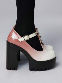 ROMWE Goth Giày cao gót đế dày thiết kế khóa thời trang phong cách Punk Ombre cho nữ - Hồng - Xem 4