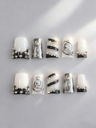 Anime 10pcs Y2K Style Bowknot, Skull Rivet, Cross, Star Decor High Quality Handmade False Nails + 3pcs Double-Sided Adhesive, Removable Rhinestone Contrast Color Nail Stickers, Suitable For Holidays, Parties, Dancing And Daily Wear