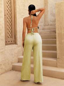 Sirith 女士度假纯色荷叶边吊带上衣和阔腿裤两件套 - 杏色 - 查看 2