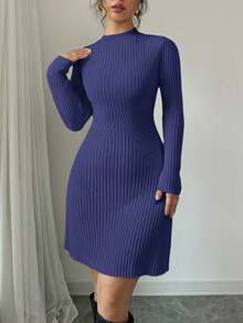 Selianne 修身罗纹针织毛衣连衣裙，圆领 - 寶藍色 - 查看 3