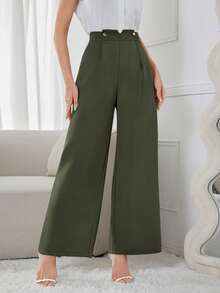 Modelyn Women's Fashionable Versatile Solid Color Wide Leg Pants - Army Green - View 4