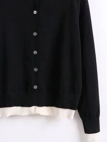 EMERY ROSE Contrast Color Cardigan 2 In 1 Round Neck Loose Casual Basic Knit Sweater Jacket - Black - View 4