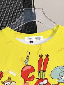 SpongeBob SquarePants | SHEIN Damen Gelbes T-Shirt mit Cartoon-Muster, Rundhalsausschnitt, Kurzarm, Crop-Schnitt