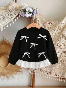 女婴毛衣 时尚可爱圆领长袖针织上衣，配有3D蝴蝶结、刺绣花卉下摆拼接，柔软舒适，适合春、秋、冬、日常、户外、旅行、度假、居家、托儿所等场合穿着。另有女婴黑白连衣裙、黑色连衣裙、白色领连衣裙、优雅女婴上衣、黑色女婴服装、女婴服装、黑色蝴蝶结女婴服装、婴儿针织衫等。 - 黑色 - 查看 9