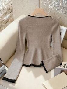 Franclia 法式优雅方领弹力修身长袖针织毛衣，撞色饰边可爱荷叶边针织上衣，适合日常穿着，秋冬 - 灰色 - 查看 2