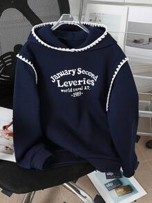 SHEIN 1pc Tween Girl'Fashionable Navy Blue And White English Print Sweatshirt,Loose Fit Pullover,Autumn Casual School Back-To-School Contrast Trim Hoodie - Navy Blue - View 5
