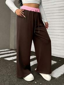 Muchica 大码休闲宽松抽绳阔腿运动裤 - 棕色 - 查看 5