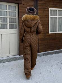 Muchica White Fuzzy Hat & Thick Jumpsuit For Women, Suitable For Playing In Snow In Autumn/Winter