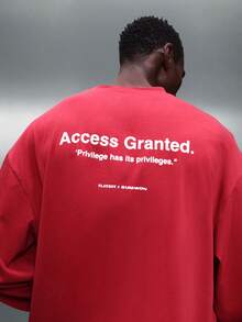 PLAYBOY X SUMWON Men's Boxy Fit Long Sleeve Crew Neck T-Shirt With Access Granted Print Collaboration Statement Top - Red - View 1