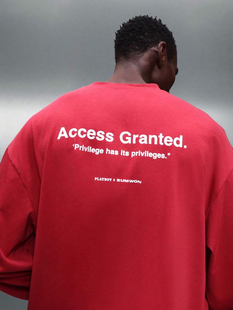 PLAYBOY X SUMWON T-shirt col rond à manches longues coupe ample pour hommes avec imprimé déclaration de collaboration "Access Granted"