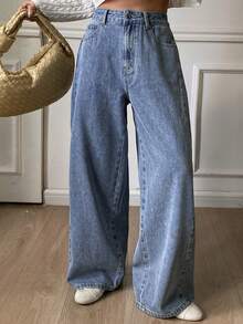 DAZY Solid Color Loose Button Decor Ankle Cuff Straight Leg Black Jeans - Medium Wash - View 5