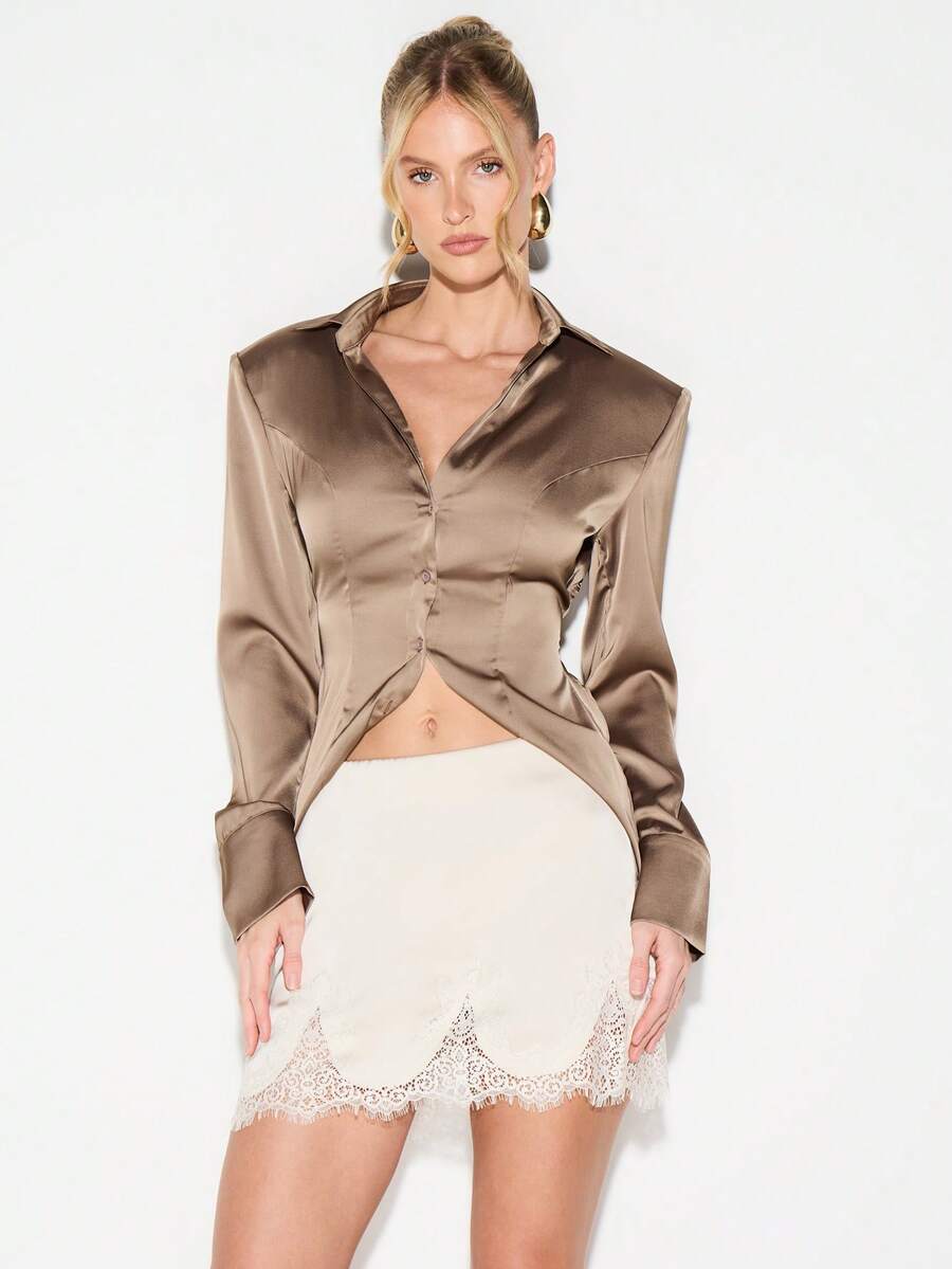 KIZN Elegant Lace Trim Mini Skirt High Waisted Bodycon Fit Party Night Out Club Wear Fashion Statement Piece - White - View 1