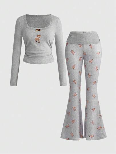 J-Fashion Blusa de encaje bordada con diseño de ciervos combinada con pantalones acampanados con estampado de ciervos, otoño/invierno