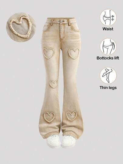 Girlism Teen Girls Heart Embroidered Flare Leg Jeans,Suitable For Daily Travel, Outdoor, Home, Brunch, Tea Party, Commute, Airport Wear,Girls Autumn Fall Clothes Outfits Denim Jeans, Cute & Sweet Fashion For Everyday Wear, School, Weekends, Back To School Season, Vacation Multi-Pocket Relaxed Fit Washed Light Blue Denim Straight Leg Cargo Pants For Tween Girls,Fall Clothes,Christmas Pants,Fall Outfits,Girls Fall Winter Back To School Homecoming Jeans,Clothes For New Year,Casual Elegant Outfits