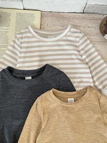 Pixure 3pcs Baby Boy Striped & Solid Color Crew Neck Long Sleeve Pullover Tops Set, Soft & Comfortable Basic Casual Wear For Home & Outdoor, Spring/Autumn - Multicolor - View 6