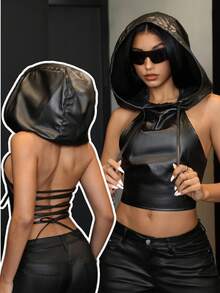 Jeanoix Y2K Streetwear 性感系带涂层露背短款连帽衫 - 黑色 - 查看 2