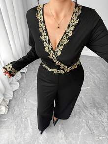 Elenzga 大码女式优雅长袖金色蕾丝拼接收腰直筒连体裤，适合日常通勤、派对、夜店穿着 - 黑色 - 查看 4