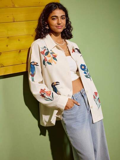 Felipe Marques Women's Floral & Bird Print Shacket, Casual Outerwear For Vacation, Suitable For Autumn, Winter, Spring, Beach, Boho