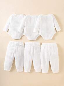 SHEIN 男婴三件套服装，包括三件白色针织长袖连体衣和三条松紧腰裤，适合所有季节，日常穿着，可叠穿，适合3个月至24个月的男婴。 - 白色 - 查看 2