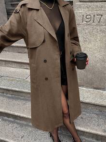 Lavishia 仿麂皮棕色保暖内衬优雅时尚通勤风衣 - 卡其色 - 查看 5