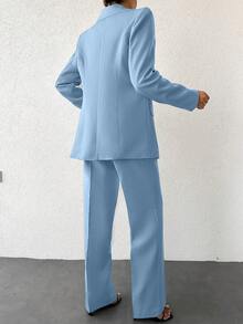 EURMUSE Ladies' Casual Solid Color Suit With Long Coat And Pants - Baby Blue - View 5