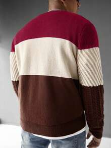 EURMUSE Men's Casual Contrast Color Round Neck Long Sleeve Sweater, Versatile For Autumn - MultiWarna - View 2