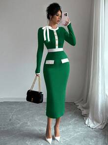 Elenzga 女士优雅撞色滚边纽扣装饰通勤连衣裙，秋季 - 綠色 - 查看 3