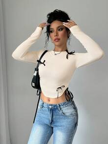 Selianne 女士休闲长袖T恤，侧边饰有蝴蝶结，配有抽绳，适合春季穿着，长袖露脐上衣 - 杏色 - 查看 4