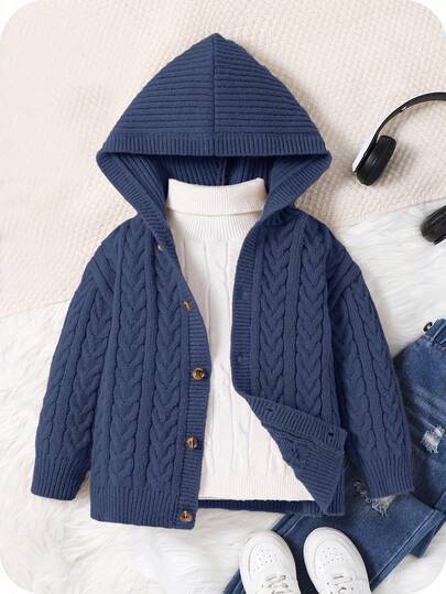 1pc Young Boys' Casual Cute Daily Comfortable Oversized Khaki Ribbed Trim Hooded Cardigan, Suitable For Outings, School, Gatherings, Autumn/Winter