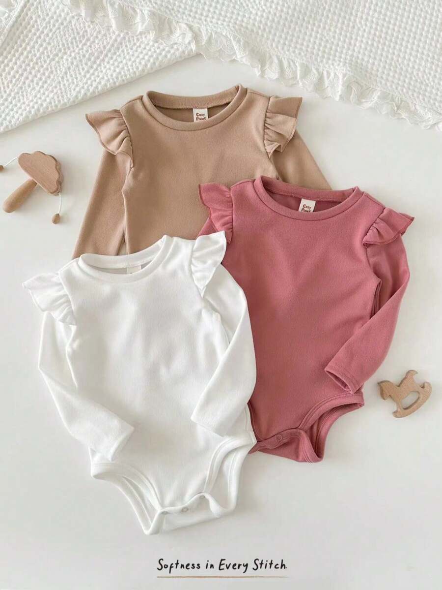 Cozy Pixies 3件組女嬰荷葉領保暖內裡秋季連身衣，厚實面料，長袖，適合冬季，可作為內搭穿著 - 彩色 - 查看 1
