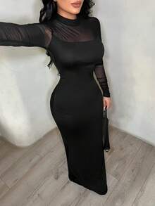 SHEIN SXY 女士时尚通勤网眼拼接修身连衣裙 - 黑色 - 查看 6