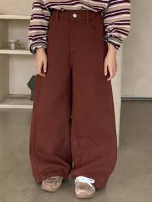 DAZY 少女款带口袋宽松休闲百搭阔腿牛仔裤 - 紫紅色 - 查看 4