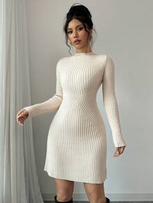 Rafferiza Fitted Ribbed Knit Sweater Dress, Round Neck - Apricot - View 7