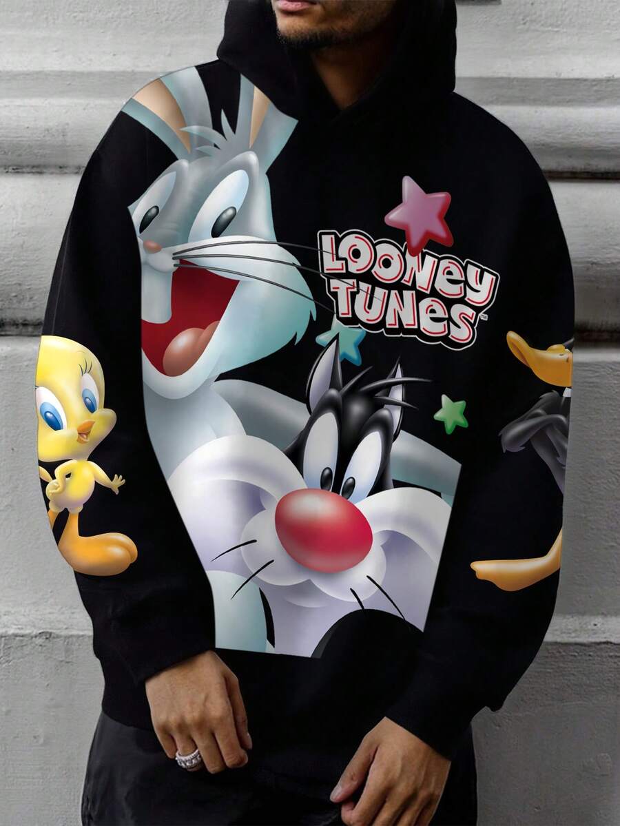 LOONEY TUNES X SHEIN Men's Casual Cartoon Rabbit Print Hoodie , Fall - White - View 1