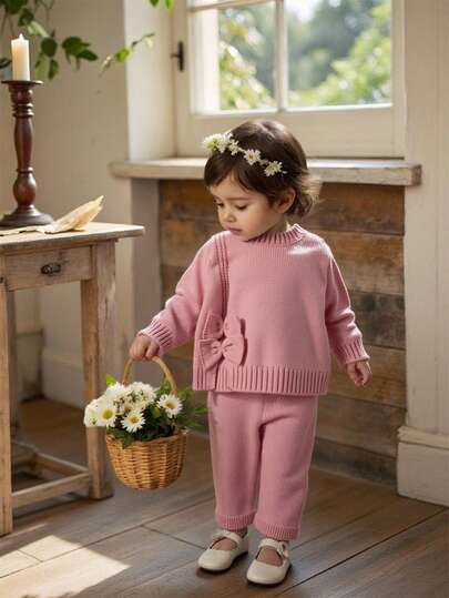 Baby Girls Sweater Co-Ords, Fashion Cute Versatile Pullover Shoulder Button Bow Decor Long Sleeve Knitted Top + Knitted Pants Set, Loose Fit, Soft & Comfortable, Suitable For Spring/Autumn, Daily, Outdoor, Travel, Vacation, Home, Daycare, Baby Girl Play Baby Set Autumn Winter Season Baby Girl Warm Sets Baby Girl Full Sleeve With Pant Two Pieces Winter Outfits For Baby Girl Knit Two Pieces Cozy Pixies Baby Girl Set