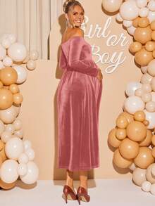 Loomaby 孕妇纯色露肩优雅长袖连衣裙 - 粉色 - 查看 2