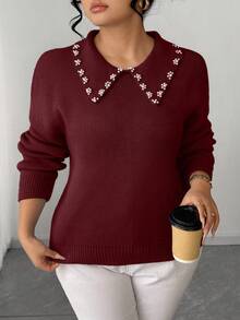 SHEIN Elenzya Jersey de cuello de perlas de unicolor minimalista para mujer - Burdeos - Ver 3