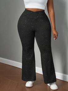 SHEIN PETITE CURVE Plus Size High Waist Flared Shiny Stretchy Knit Black Long Flare Pants, Suitable For Vacation, Outing, Date, Party, Casual Daily Wear Black Flare Pants Flared Leggings Star Pants - Black - View 4